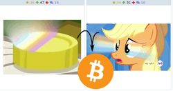 Size: 512x270 | Tagged: safe, derpibooru import, applejack, earth pony, pony, leap of faith, bitcoin, bits, coin, derpibooru, exploitable meme, faic, hub logo, juxtaposition, juxtaposition win, meme, meta, rainbow power