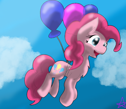 Size: 1024x887 | Tagged: safe, artist:ghosttown1195, pinkie pie, earth pony, pony, balloon, chest fluff, female, floating, flying, mare, solo, then watch her balloons lift her up to the sky