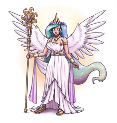 Size: 1899x2000 | Tagged: safe, artist:king-kakapo, princess celestia, human, abstract background, clothes, crown, dress, female, horn, horned humanization, humanized, jewelry, nail polish, open mouth, regal, regalia, solo, spread wings, staff, sun, winged humanization, wings