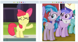 Size: 510x279 | Tagged: safe, screencap, apple bloom, sea swirl, seafoam, leap of faith, season 4, derpibooru, exploitable meme, juxtaposition, juxtaposition win, meme, meta