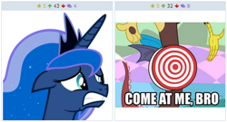 Size: 386x208 | Tagged: safe, discord, princess luna, alicorn, pony, come at me bro, derpibooru, exploitable meme, juxtaposition, juxtaposition win, meme, meta