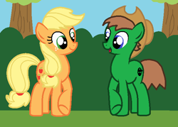 Size: 608x436 | Tagged: safe, applejack, oc, oc:ian, earth pony, pony, applejack's hat, detailed background, duo, female, freckles, hat, looking at each other, male, mare, open mouth, smiling, stallion