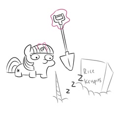 Size: 1081x1003 | Tagged: safe, artist:handgunboi, princess celestia, twilight sparkle, unicorn twilight, alicorn, pony, unicorn, buried alive, cereal box, glowing horn, horn, lineart, magic, reference, shovel, sleeping, telekinesis, twiggie, yu-gi-oh!