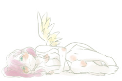 Size: 1500x1000 | Tagged: safe, artist:ku_rimo, fluttershy, equestria girls, blushing, laying on ground, lying down, ponied up, sad, teary eyes, wings