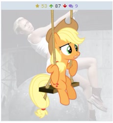 Size: 255x277 | Tagged: safe, artist:masem, derpibooru import, applejack, earth pony, pony, april fools, cagebooru, derpibooru, exploitable meme, juxtaposition, juxtaposition win, meme, meta, miley cyrus, nicolas cage, swinging