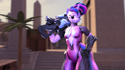 Size: 1920x1080 | Tagged: safe, artist:gbrushandpaint, derpibooru import, twilight sparkle, anthro, castle sweet castle, 3d, absolute cleavage, alternate hairstyle, breasts, cleavage, crossover, female, overwatch, parody, punklight sparkle, source filmmaker, twilightmaker, widowmaker