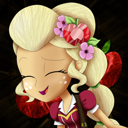 Size: 4000x4000 | Tagged: safe, artist:vicakukac200, applejack, equestria girls, legend of everfree, absurd resolution, alternate hairstyle, clothes, cute, eyes closed, female, flower, flower in hair, freckles, open mouth, solo