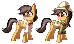 Size: 1312x782 | Tagged: safe, artist:ric-m, daring do, pegasus, pony, alternate hairstyle, bandage, bowtie, clothes, comparison, cute, female, glasses, hat, indiana jones, injured, mare, parody, pith helmet, professor, raised eyebrow, shirt, simple background, smiling, solo, transparent background