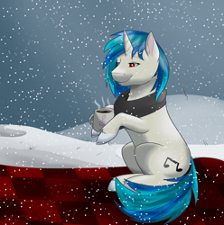 Size: 1024x1031 | Tagged: safe, artist:mattsykun, dj pon-3, vinyl scratch, pony, unicorn, clothes, hot drink in cold weather, scarf, snow, snowfall, solo, winter
