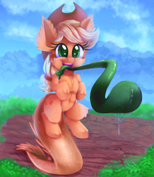 Size: 1747x2000 | Tagged: safe, artist:discorded, applejack, monster pony, original species, pony, tatzlpony, cowboy hat, cute, female, hat, jackabetes, mare, smiling, solo, species swap, stetson, tatzljack