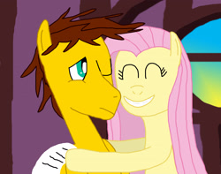 Size: 2790x2202 | Tagged: safe, artist:sb1991, fluttershy, oc, oc:film reel, pegasus, pony, bed hair, eyes closed, fluttershy's cottage, fluttershy's cottage (interior), hug, letter, one eye closed, smiling, sunrise, tired