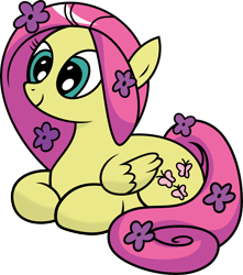 Size: 3972x4500 | Tagged: safe, artist:slb94, idw, fluttershy, pegasus, pony, cel shading, cute, flower, flower in hair, hippieshy, ponyloaf, prone, shyabetes, simple background, smiling, solo, transparent background, vector