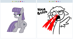 Size: 512x274 | Tagged: safe, maud pie, oc, earth pony, pegasus, pony, blank eyes, derpibooru, exploitable meme, explosive nosebleed, female, juxtaposition, juxtaposition win, male, mare, meme, meta, missing accessory, no pupils, nosebleed, spread wings, stallion, wingboner, wings