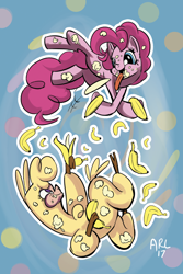 Size: 1024x1536 | Tagged: safe, artist:lytlethelemur, paprika paca, pinkie pie, alpaca, earth pony, pony, them's fightin' herds, banana, cloven hooves, community related, duo, female, food, food fight, mare