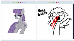 Size: 526x289 | Tagged: safe, maud pie, oc, oc:winged-shine, earth pony, pegasus, pony, blank eyes, derpibooru, exploitable meme, explosive nosebleed, female, juxtaposition, juxtaposition win, male, mare, meme, meta, missing accessory, no pupils, nosebleed, stallion, surprised face, wingboner