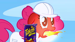 Size: 1280x720 | Tagged: safe, edit, edited screencap, screencap, pinkie pie, earth pony, pony, sonic rainboom (episode), fire, fire breath, food, snack, snacks, spicy, takis