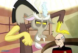 Size: 1000x680 | Tagged: safe, artist:willdrawforfood1, discord, human, crossover, duo, jean-luc picard, male, q, star trek