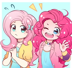 Size: 1595x1500 | Tagged: safe, artist:chan-sama, fluttershy, pinkie pie, human, blue background, blush sticker, blushing, cute, diapinkes, duo, female, hair ornament, humanized, jewelry, looking at you, necklace, one eye closed, open mouth, shyabetes, simple background, smiling, wink