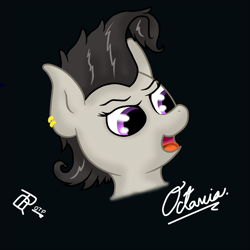 Size: 2000x2000 | Tagged: safe, artist:quicktimepony, derpibooru exclusive, octavia melody, earth pony, pony, alternate hairstyle, black background, bust, mirror universe, open mouth, piercing, portrait, rocktavia, simple background, smiling, solo