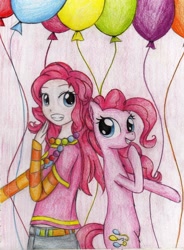 Size: 1510x2048 | Tagged: safe, artist:chan-sama, pinkie pie, earth pony, human, pony, balloon, bipedal, duo, female, grin, human ponidox, humanized, looking at you, mare, self paradox, self ponidox, smiling, traditional art