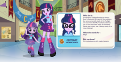 Size: 1064x546 | Tagged: safe, derpibooru import, sci-twi, twilight sparkle, twilight sparkle (alicorn), alicorn, equestria girls, legend of everfree, boots, bowtie, canterlot high, clothes, doll, eqg profiles, equestria girls minis, glasses, high heel boots, leg warmers, mistaken identity, pleated skirt, ponytail, skirt, smiling, solo, toy