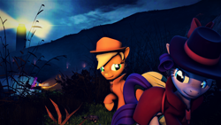 Size: 3840x2160 | Tagged: safe, artist:dj-chopin, applejack, rarity, earth pony, pony, unicorn, 3d, clothes, detective, detective rarity, fedora, hat, night, noir, raised hoof, scenery, trenchcoat