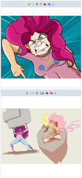 Size: 256x553 | Tagged: safe, artist:frankaraya, artist:sundown, derpibooru import, fluttershy, pinkie pie, human, derpibooru, exploitable meme, humanized, juxtaposition, juxtaposition win, meme, meta