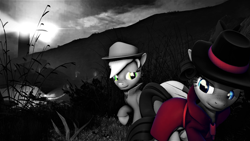 Size: 3840x2160 | Tagged: safe, artist:dj-chopin, applejack, rarity, earth pony, pony, unicorn, 3d, black and white, clothes, detective, detective rarity, fedora, grayscale, hat, monochrome, noir, raised hoof, scenery, trenchcoat