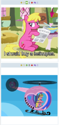 Size: 284x597 | Tagged: safe, cherry berry, testing testing 1-2-3, derpibooru, exploitable meme, grumpy, helicopter, juxtaposition, juxtaposition win, meme, meta, pedalcopter