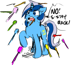 Size: 670x600 | Tagged: artist needed, safe, minuette, pony, unicorn, brushie, female, mare, nightmare, raised hoof, solo, toothbrush