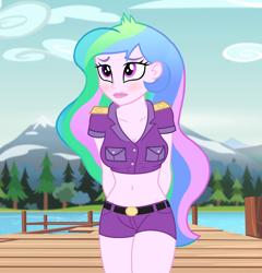 Size: 960x1000 | Tagged: safe, edit, edited screencap, editor:ah96, screencap, princess celestia, principal celestia, equestria girls, legend of everfree, arm behind back, belly button, blushing, breast edit, breasts, cleavage, cropped, female, lake, midriff, mountain, pier, princess breastia, solo, thighs