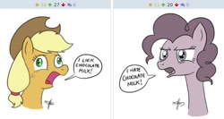 Size: 628x335 | Tagged: safe, artist:mateusuk, derpibooru import, applejack, pinkie pie, earth pony, pony, chocolate milk, derpibooru, exploitable meme, juxtaposition, juxtaposition win, meme, meta