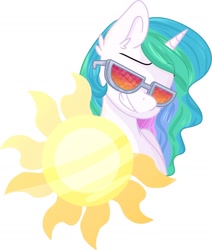 Size: 1558x1839 | Tagged: safe, artist:littleblackraencloud, princess celestia, alicorn, pony, bust, ear fluff, female, mare, portrait, simple background, smiling, smuglestia, solo, sun, sunglasses, white background