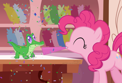 Size: 1024x700 | Tagged: safe, artist:shutterflyeqd, gummy, pinkie pie, alligator, earth pony, pony, bakery, birthday, celebration, confetti, female, mare, noisemaker