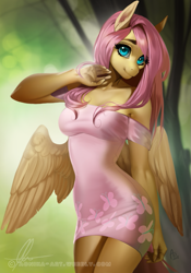Size: 629x900 | Tagged: safe, artist:aonikaart, fluttershy, anthro, pegasus, beautiful, breasts, clothes, cute, digital art, dress, female, looking at you, mare, patreon, patreon reward, shoulderless, shyabetes, signature, smiling, solo, spread wings, wings