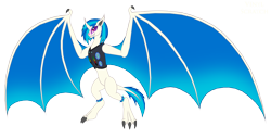 Size: 3305x1696 | Tagged: safe, artist:pyrus-leonidas, dj pon-3, vinyl scratch, kaiju, bat wings, clothes, curved horn, eye markings, fangs, kaijufied, simple background, smirk, species swap, transparent background, vest, wyvern