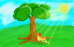 Size: 5500x3500 | Tagged: safe, artist:the-fox-experiment, applejack, earth pony, pony, hat, lying, sleeping, tree