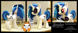 Size: 1280x539 | Tagged: safe, artist:janellesplushies, dj pon-3, vinyl scratch, irl, photo, plushie, red eyes, solo, traditional art, watermark, wrong eye color