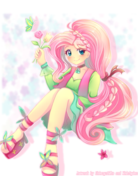 Size: 791x1011 | Tagged: safe, artist:shimayaeiko, artist:whiskyice, fluttershy, butterfly, collaboration, equestria girls, friendship through the ages, 60s, beautiful, blushing, braid, clothes, cute, female, flower, folk fluttershy, high heels, jewelry, looking at you, necklace, sandals, shoes, shyabetes, skirt, smiling, solo