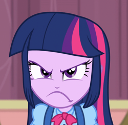 Size: 542x530 | Tagged: safe, derpibooru import, twilight sparkle, equestria girls, angry, cropped, frown, inverted mouth, solo, upset