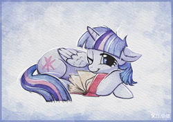 Size: 1200x846 | Tagged: safe, artist:scheadar, derpibooru import, twilight sparkle, twilight sparkle (alicorn), alicorn, pony, adorkable, book, cute, dork, looking at you, sleepy, solo, that pony sure does love books, traditional art, twiabetes