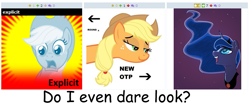 Size: 773x324 | Tagged: safe, derpibooru import, applejack, princess luna, alicorn, earth pony, pony, derpibooru, exploitable meme, juxtaposition, juxtaposition win, meme, meta