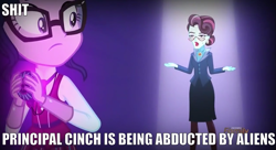 Size: 1109x605 | Tagged: safe, derpibooru import, principal abacus cinch, sci-twi, twilight sparkle, alien, equestria girls, friendship games, image macro, magic capture device, meme, unleash the magic, vulgar