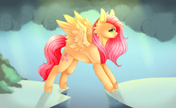 Size: 3500x2139 | Tagged: safe, artist:twinkepaint, fluttershy, pegasus, pony, dragonshy, cliff, female, mountain, open mouth, scene interpretation, solo