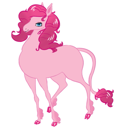 Size: 853x923 | Tagged: safe, artist:ameondine, pinkie pie, earth pony, pony, cloven hooves, female, leonine tail, looking at you, mare, missing cutie mark, smiling, solo, style emulation, the last unicorn, unshorn fetlocks