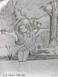 Size: 1280x1695 | Tagged: safe, artist:missmayaleanne, fluttershy, bird, equestria girls, cutie mark on clothes, forest, monochrome, pencil drawing, river, solo, traditional art, tree