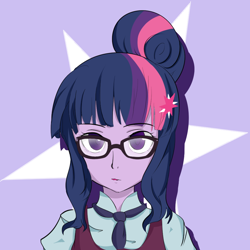 Size: 1000x1000 | Tagged: safe, artist:umejiru, derpibooru import, sci-twi, twilight sparkle, equestria girls, bust, colored pupils, glasses, looking at you, serious face, solo