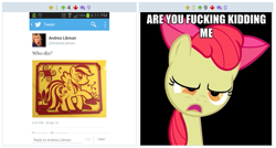 Size: 517x278 | Tagged: safe, apple bloom, andrea libman, derpibooru, exploitable meme, juxtaposition, juxtaposition win, meme, meta, periwinkle, vulgar