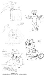 Size: 1400x2328 | Tagged: safe, artist:quint-t-w, blossomforth, minuette, princess celestia, oc, alicorn, earth pony, original species, pegasus, pony, unicorn, brush, bust, dialogue, fangs, leather hat, lying down, old art, pencil drawing, plague doctor, plague doctor mask, rope, sabertooth pony, sharp teeth, sign, sitting, sketch, sketch dump, teeth, text, thought bubble, traditional art, unshorn fetlocks