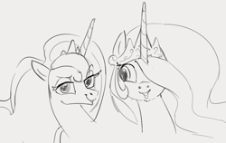 Size: 1110x703 | Tagged: safe, artist:dotkwa, princess celestia, princess luna, alicorn, pony, bust, cute, duo, female, looking at you, mare, monochrome, open mouth, portrait, royal sisters, siblings, sisters